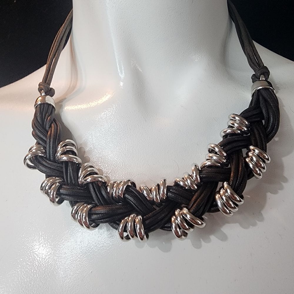 Bronze Milor Italy Silver & Brown Braided Cord Necklace - Picture 2 of 4